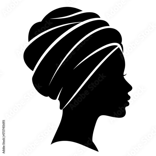 Woman Headwrap Profile Silhouette, Female Turban Vector Icon Isolated on White