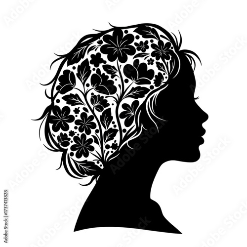 Floral Hair Woman Profile Silhouette, Female Face Vector Icon Isolated on White