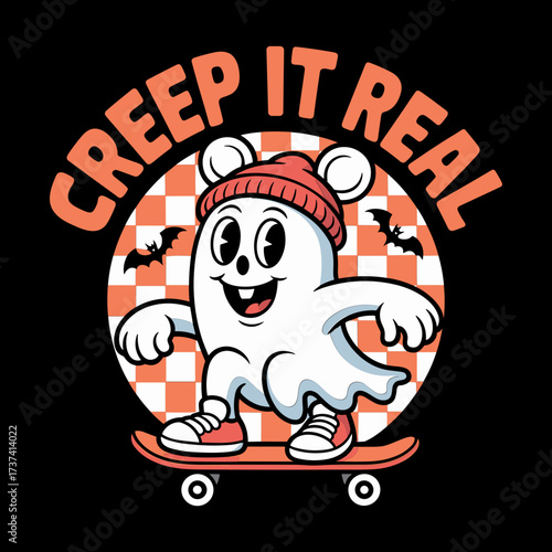 Whimsical ghost character shredding on skateboard with 'Creep It Real' text, perfect for Halloween and quirky designs