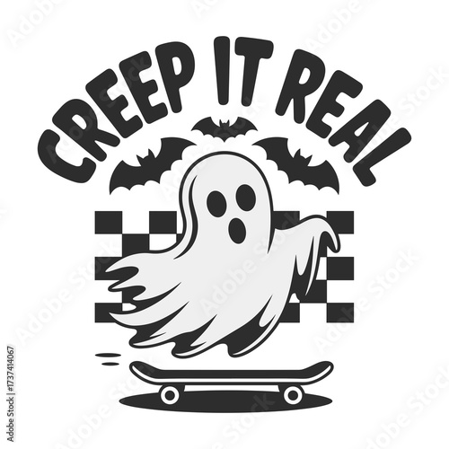 Spooky ghost with bats and skateboard zooms across checkerboard, a fun Halloween vibe perfect for seasonal decorations and apparel