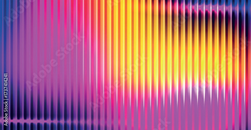 Trendy color horizontal background of ribbed glass effect. Gradient banner with holographic texture. Iridescent plastic with striped overlay. Vector illustration.