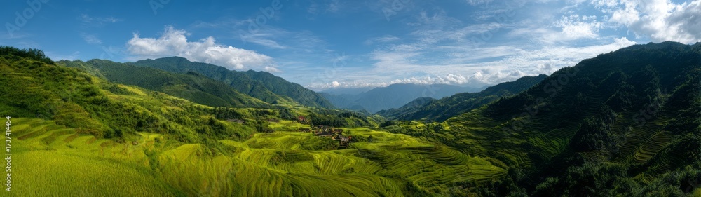 Fototapeta premium Hdr 360-degree panoramic view of peaceful rice terraces in nature landscape
