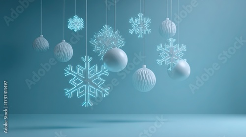 Minimalist Christmas composition with floating geometric snowflakes, neon-lit baubles, and a monochromatic blue backdrop. Clean modern design.