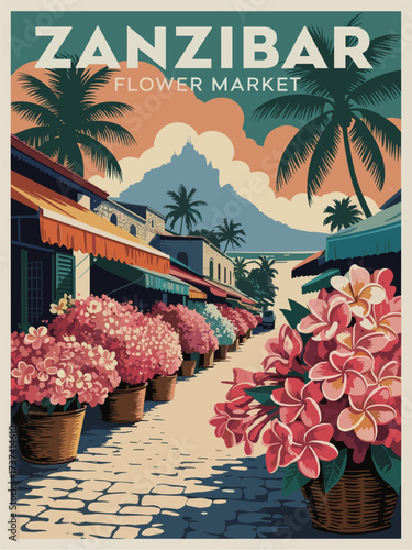 Retro impasto travel poster of Zanzibar Flower Market with pink frangipani blossoms, stone town silhouette, palm trees, warm sunlight, and vibrant, textured vintage style
