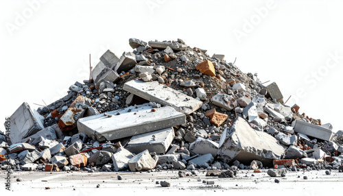 Large pile of rubble with broken concrete pieces of various sizes, ideal for construction debris, demolition material, recycling, and industrial waste background photography