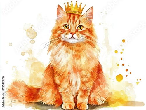 Watercolor illustration of an orange cat wearing a golden crown isolated on white