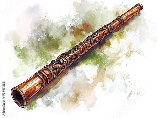 Watercolor style illustration of a decorated wooden didgeridoo angled on a white background with subtle color washes