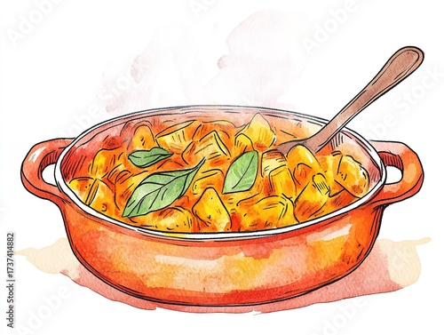 Watercolor illustration of a stew in an orange dish with a spoon and basil leaves steaming against a white background