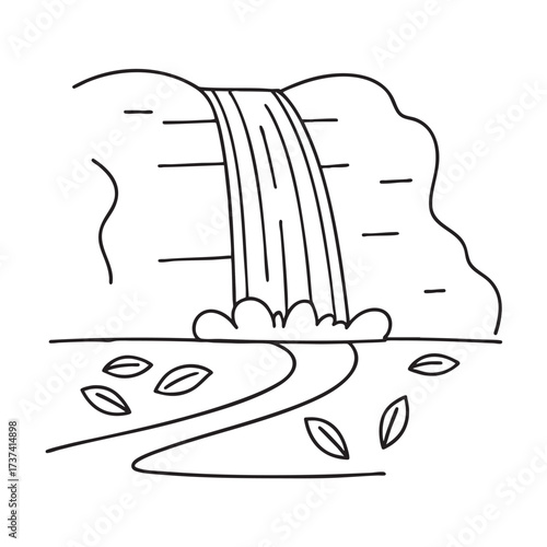 A waterfall flowing beside a narrow trail with scattered leaves