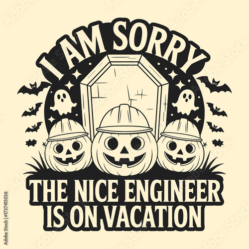 Spooky pumpkins wearing hard hats and ghosts celebrate Halloween while the engineer is on vacation