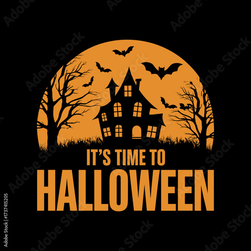 Spooky haunted house silhouettes under a glowing moon with flying bats herald the thrilling arrival of Halloween night celebrations.