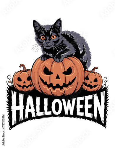 Adorable black kitten with bright eyes perches atop a spooky jack o lantern surrounded by smaller pumpkins for festive Halloween celebrations