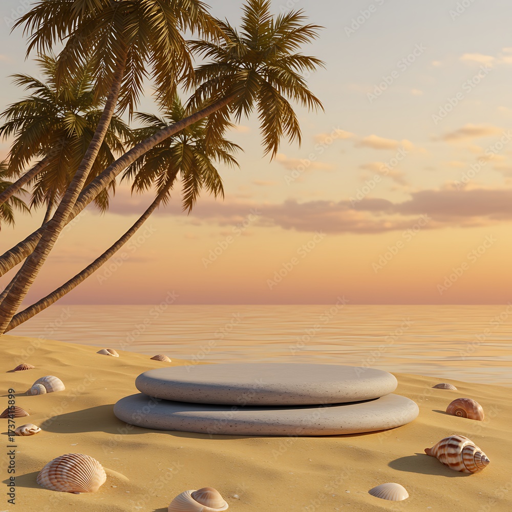 Obraz premium Two stone podiums on sandy beach with seashells and palm trees at sunset pedestal