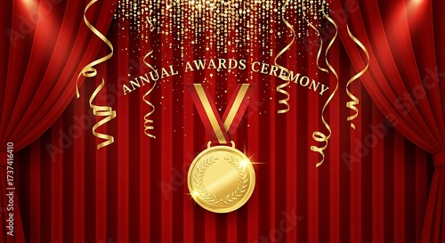 Annual Awards Ceremony with Gold Medal and Red Curtains.