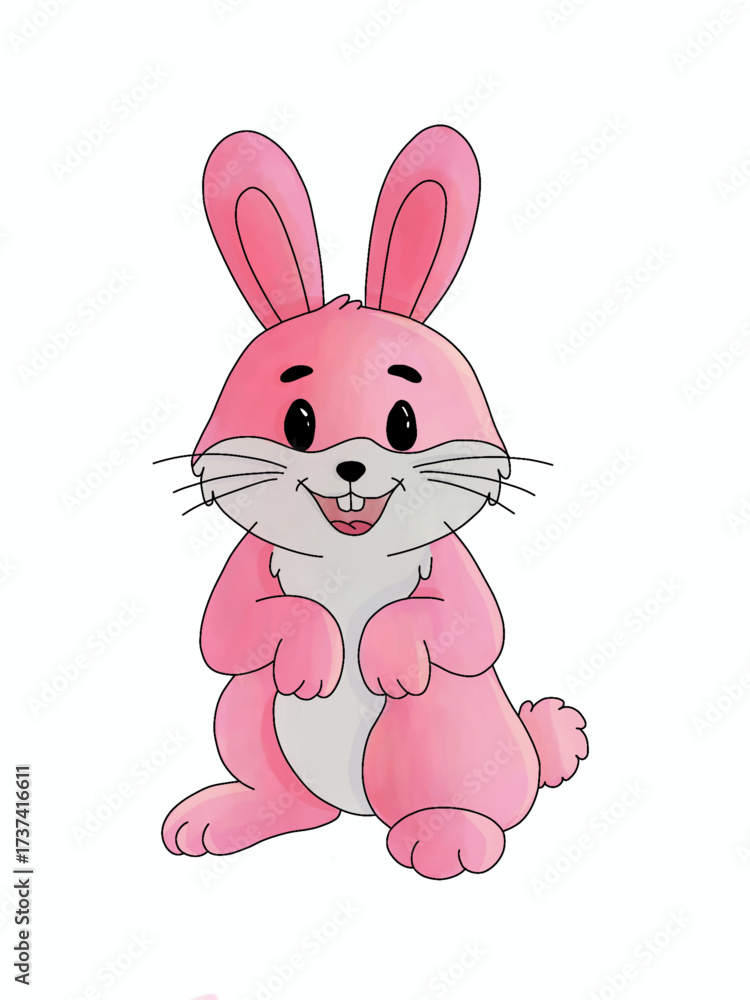 Fototapeta premium A smiling pink rabbit with large ears, rosy cheeks, and prominent whiskers