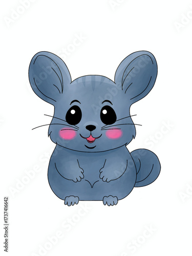 A blue-gray chinchilla with round eyes, pink cheeks, and fuzzy little hands