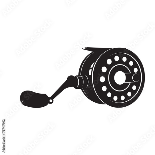 black and white silhouette of a fishing reel vector on a white background