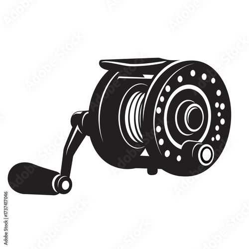 black and white silhouette of a fishing reel vector on a white background