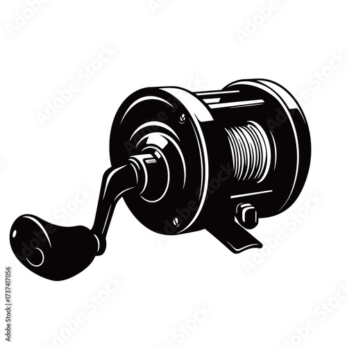 black and white silhouette of a fishing reel vector on a white background