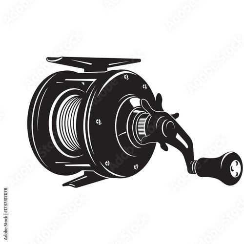 black and white silhouette of a fishing reel vector on a white background