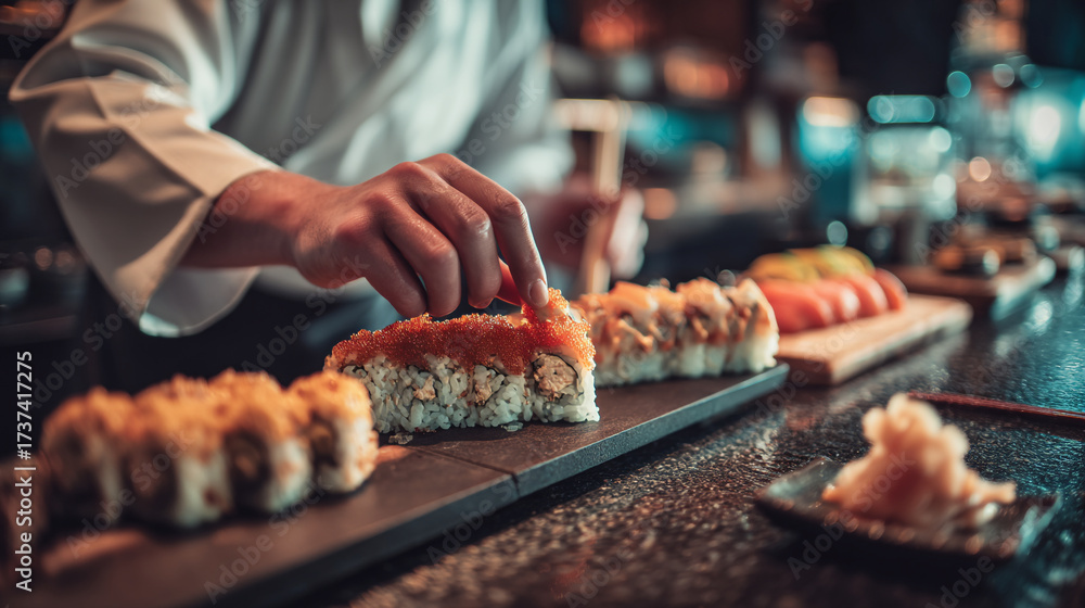 Naklejka premium Chef preparing sushi rolls with precision on a dark counter in a restaurant setting indoors