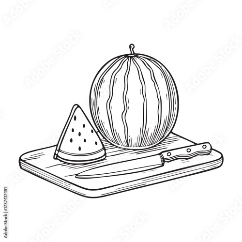 A watermelon placed beside a knife on a square cutting board