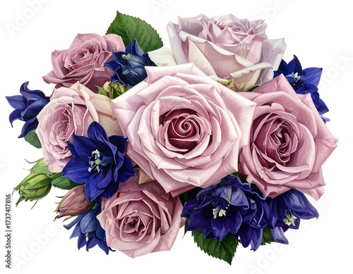 Delicate bouquet of pastel roses and blue flowers
