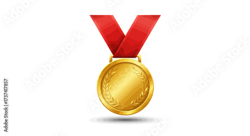 Gleaming gold medal award for first place, featuring an embossed laurel wreath and a vibrant red ribbon.