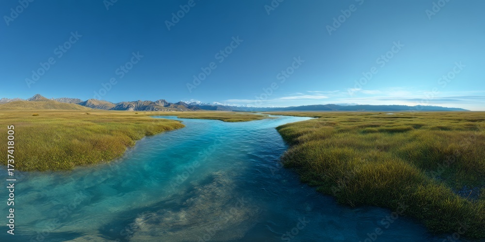 Obraz premium Stunning hdr panoramic view of turquoise shallow river in nature's landscape