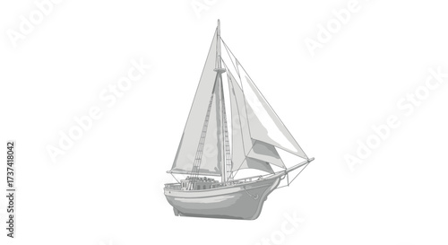 Classic two-masted sailboat with full sails, a detailed grayscale vector illustration.