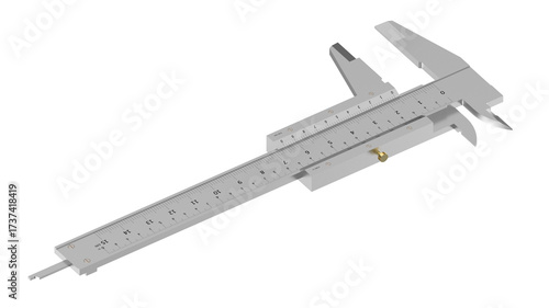 Precise metal caliper with detailed measurement markings isolated on white background - 3D rendering