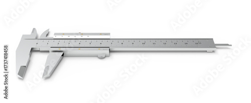 Precise metal caliper with detailed measurement markings isolated on white background - 3D rendering