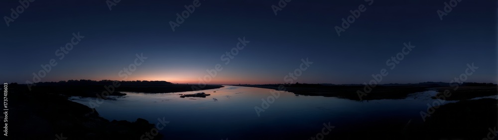Obraz premium Serene sunset over calm river nature hdr panoramic view tranquil environment 360-degree perspective