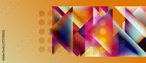 Abstract geometric composition. Vivid colors blend, creating dynamic shapes. Orange background contrasts with complex patterns.