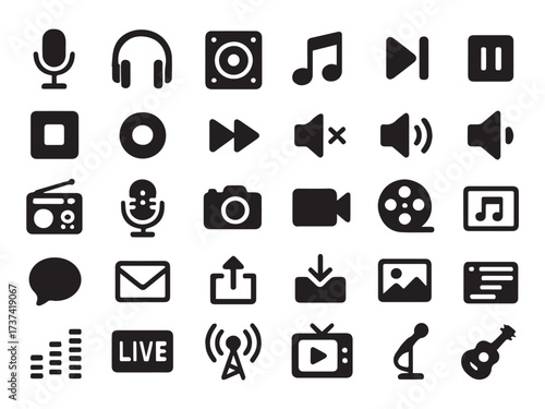 Digital Media & Entertainment Icon Set – Music, Video and Social Symbols