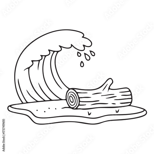 A wave near a driftwood log partially buried in the sand