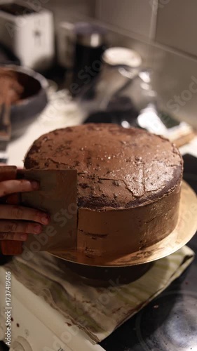 A homemade chocolate cake on a golden board being smoothed with a scraper, as hands carefully even out the creamy frosting for a perfect finish