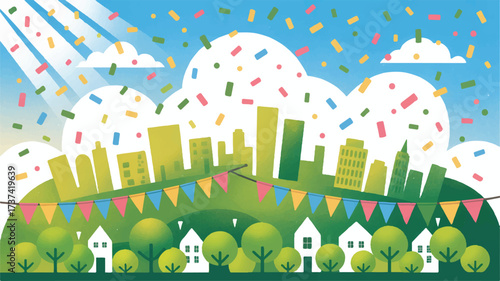 Vector art of celebratory cityscape illustration with confetti falling from the sky above