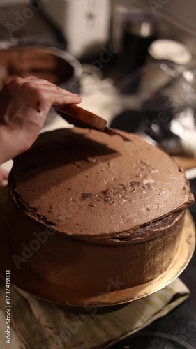 A homemade chocolate cake on a golden board being smoothed with a scraper, as hands carefully even out the creamy frosting for a perfect finish