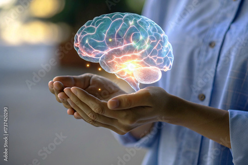Human Hands Holding a Glowing Digital Brain with Synapse Connections and Light
