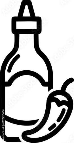 Hot sauce bottle outline vector illustration for spicy food condiment and chili pepper design
