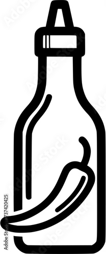 Hot sauce bottle outline vector illustration for spicy food condiment and chili pepper design
