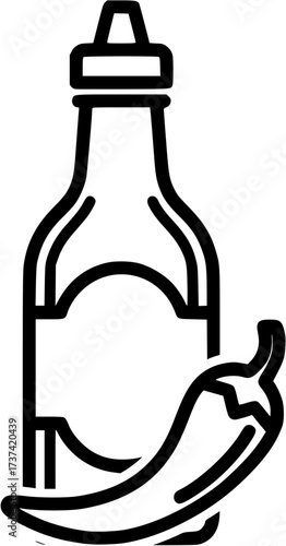 Hot sauce bottle outline vector illustration for spicy food condiment and chili pepper design
