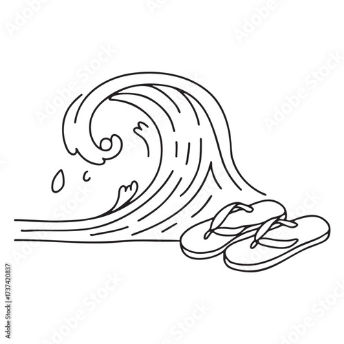 A wave splashing close to a pair of sandals left on the sand