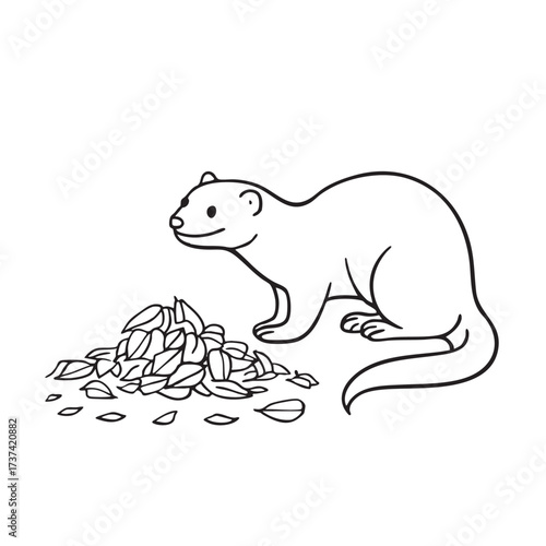 A weasel beside a pile of leaves scattered across the yard