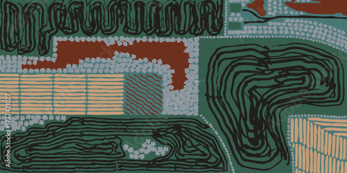 Hand drawn Japanese inspired pattern showing a top view of farmland with brush line textures. Abstract agricultural landscape design for textile, fabric, or surface art.