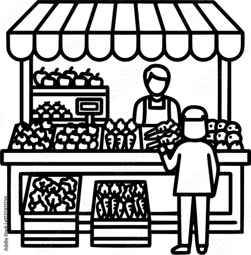 Farmers market fresh produce stand vector illustration grocery store local food shop outline icon
