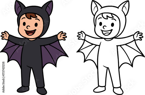 boy dressed in bat halloween costume, colored and black and white style for coloring page