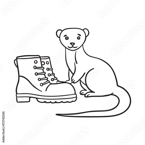 A weasel resting next to a pair of boots left on the porch