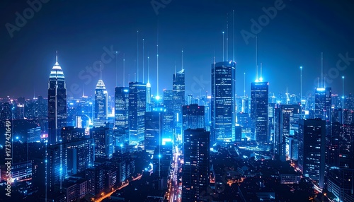 Vast night city skyline with skyscrapers immersed in a futuristic blue glow. Abstract digital lines and data points rise from the buildings, symbolizing technology, AI, connectivity, Big Data